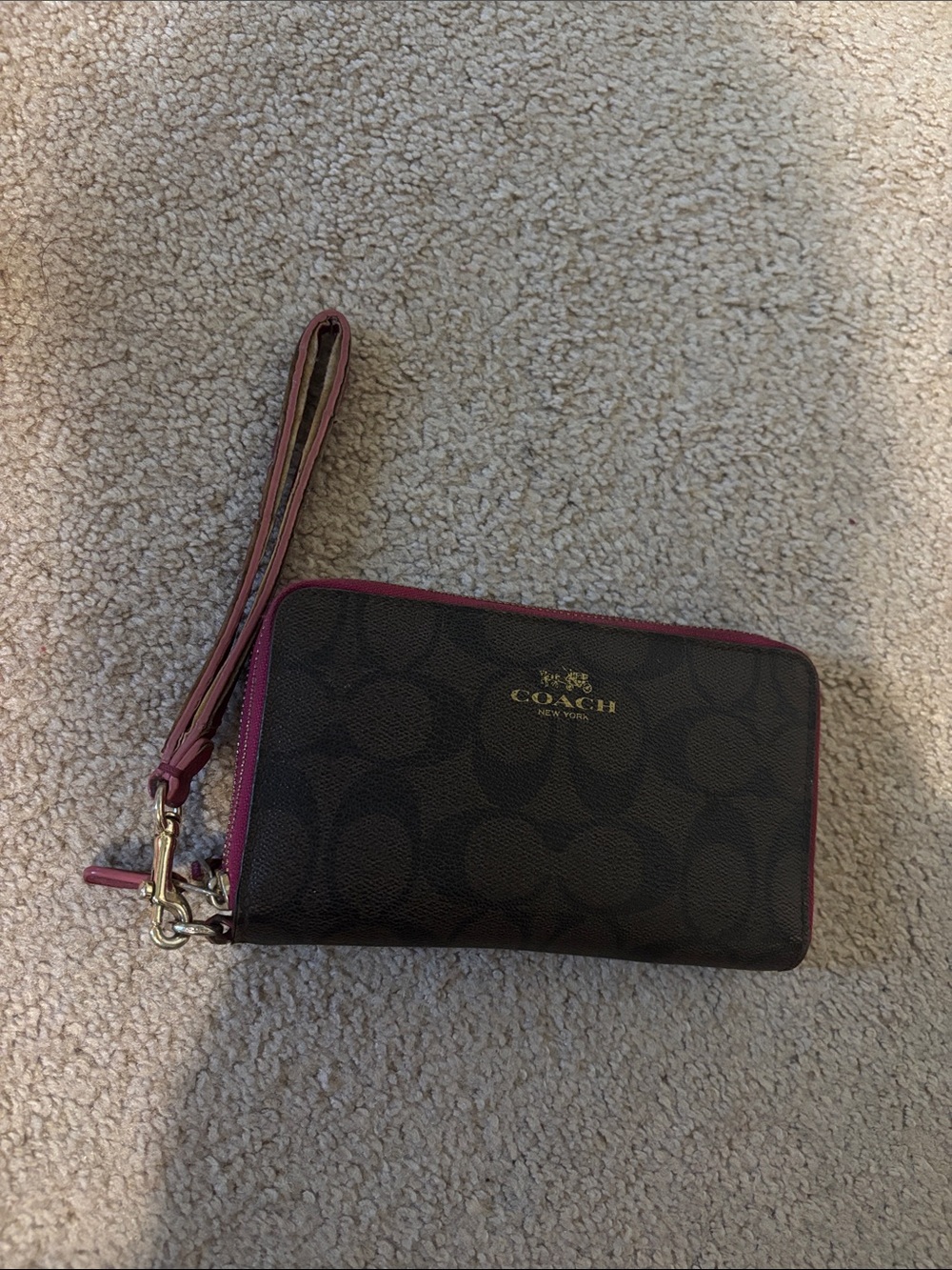 COACH Signature Wristlet Wallet in Brown with Pink Trim